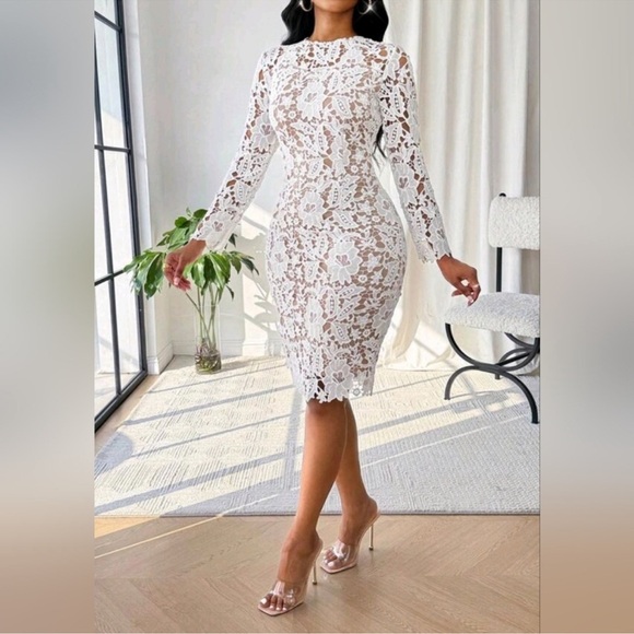 New Chic Embroidered Lace Overlay Bodycon Knee Length Dress White Tan - Picture 2 of 8